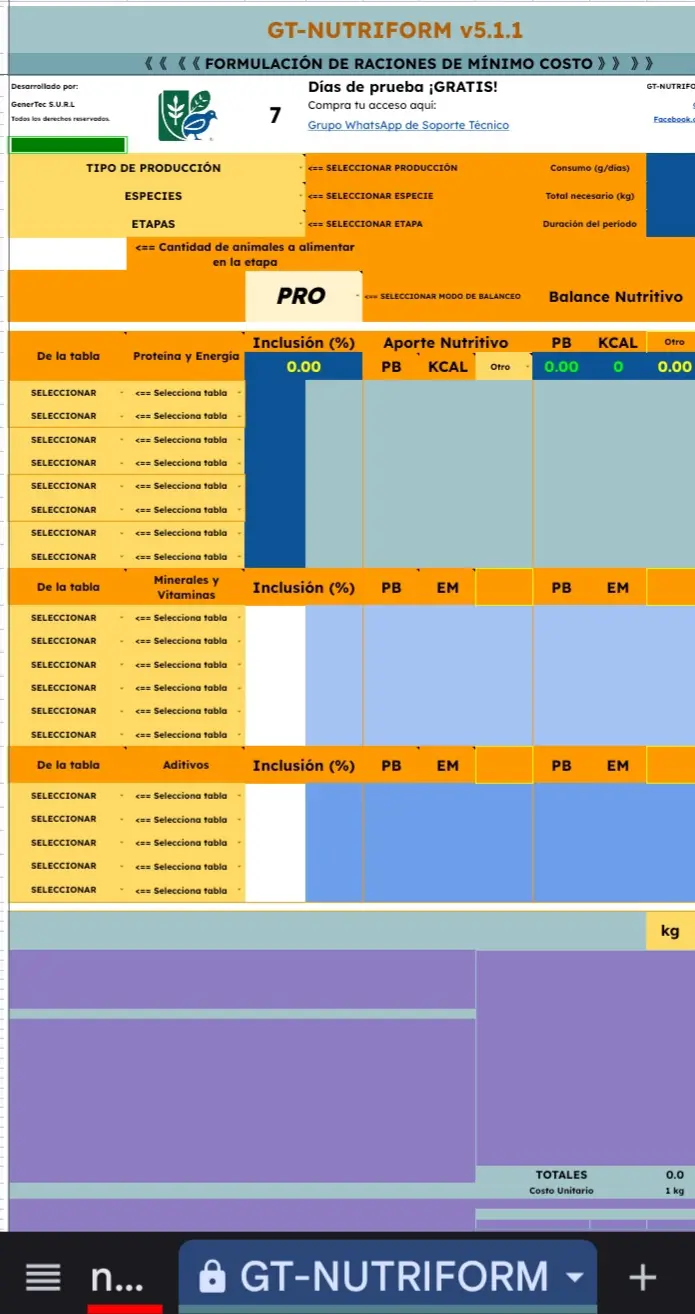 Interfaz del software GT-NutriForm 5 para formulación de raciones avícolas